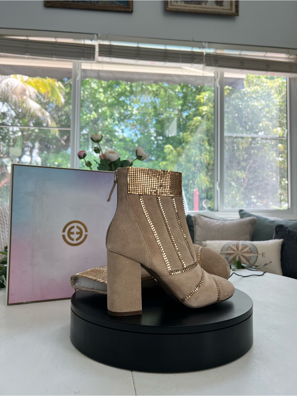 CECILIA NEW YORK Taupe Suede Ankle Boots with Rhinestone Trim